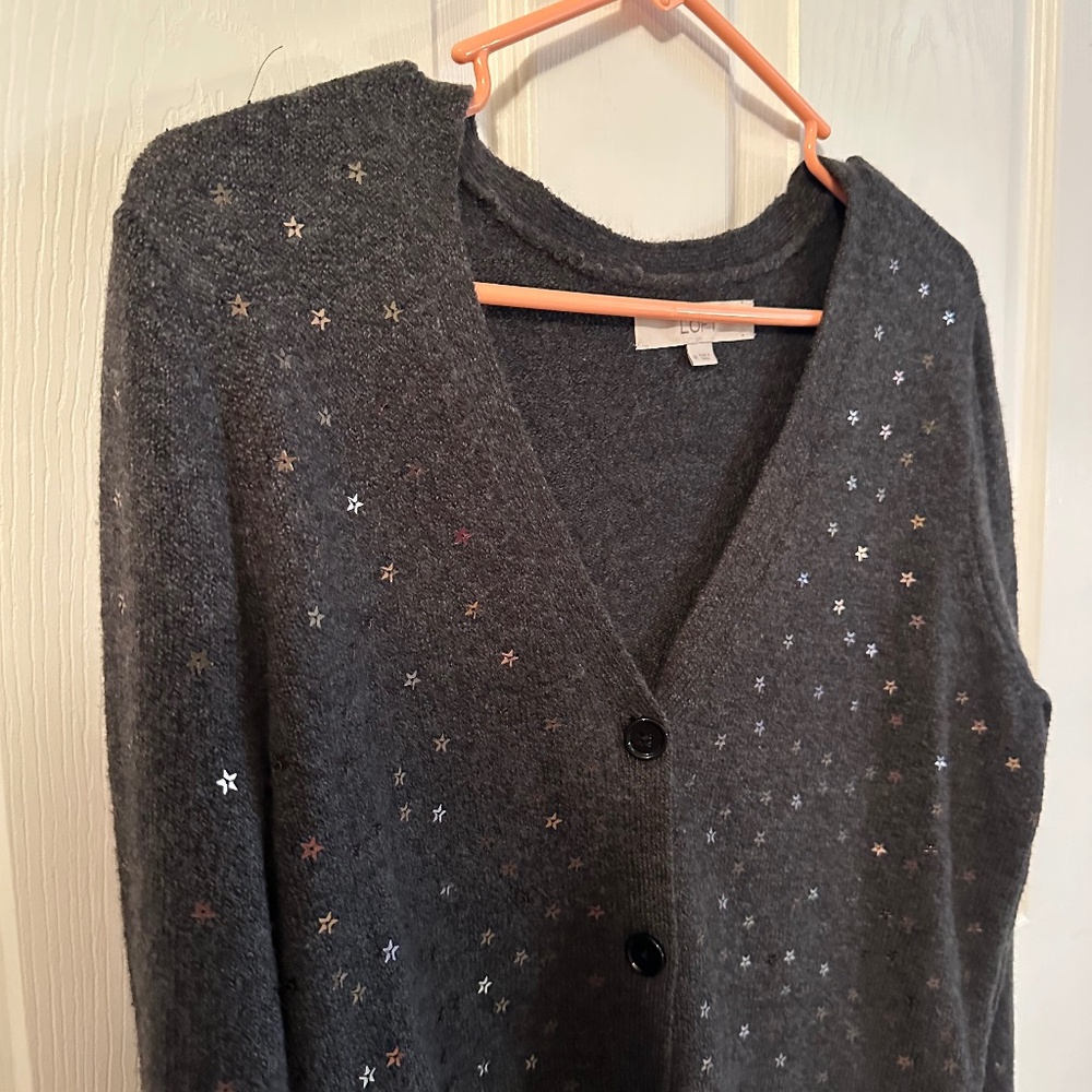 LOFT Charcoal Gray Star Embellished V‑Neck Cardigan